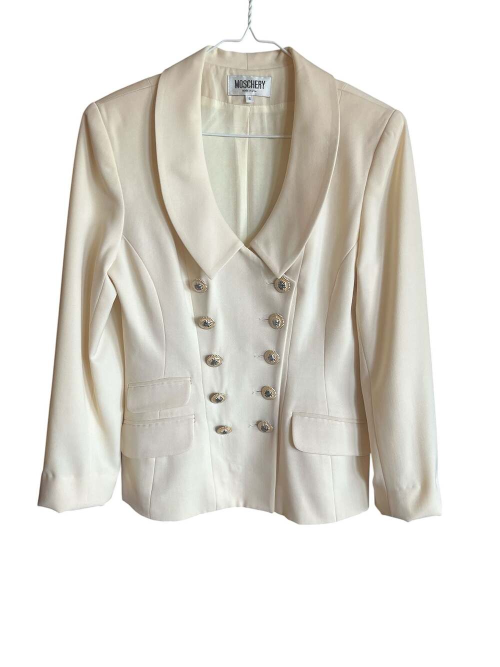 Vintage Moschery 100% Wool Double-Breasted Cream Blazer with Lion Crest Buttons